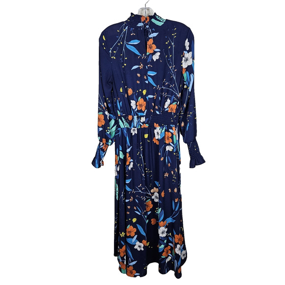 Nanette Lepore Floral High Lo Smocked Maxi Dress Ruffle Long Sleeve Navy Size 6 - Picture 7 of 16